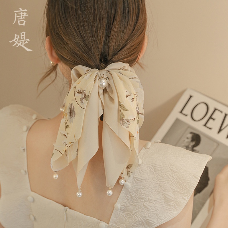 Kẹp Tóc Đuôi Ngựa Đính Ngọc Trai Và Ruy Băng Dài Phong Cách Hàn Quốc Cho Nữ