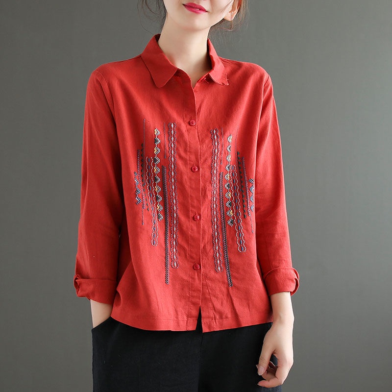 Áo Sơ Mi Dài Tay Chất Liệu Cotton Lanh Thêu Trang Trí Dành Cho Nữ
