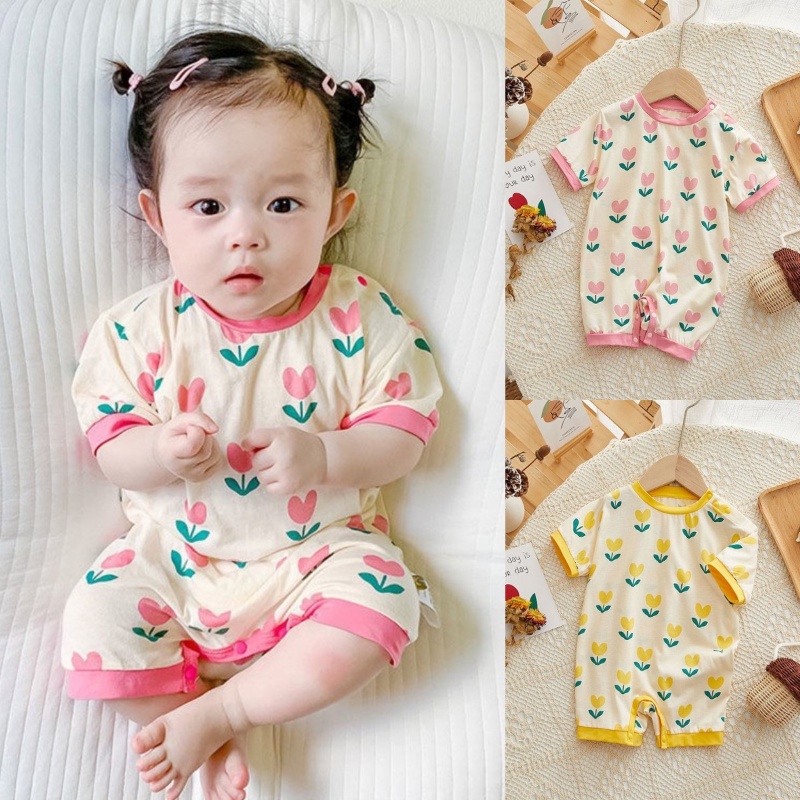 Bộ Áo Liền Quần Bằng Cotton Tay Ngắn In Hoa Dễ Thương Dành Cho Bé Trai Gái 0-2 Tuổi