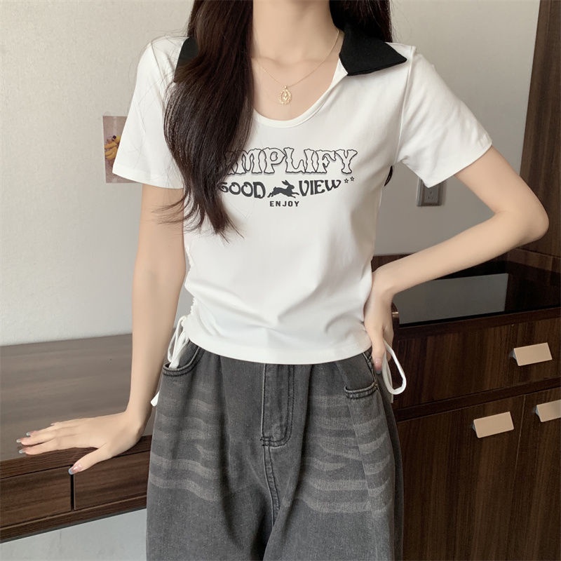 COZOK Áo Thun Ngắn Tay Dáng Ôm Phối Dây Rút In Chữ Cá Tính