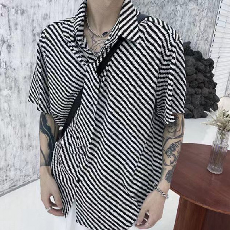 Áo Sơ Mi Tay Ngắn Dáng Rộng Họa Tiết Kẻ Sọc Phong Cách Harajuku Thời Trang Mùa Hè Cho Nam
