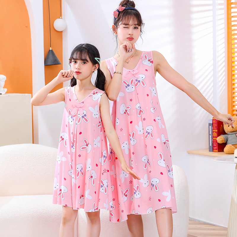 Đầm Ngủ Cotton Lụa Mỏng Không Tay Đính Nơ Dễ Thương Thời Trang Mùa Hè Dành Cho Mẹ Và Bé Gái Kích Thước 100-Xl