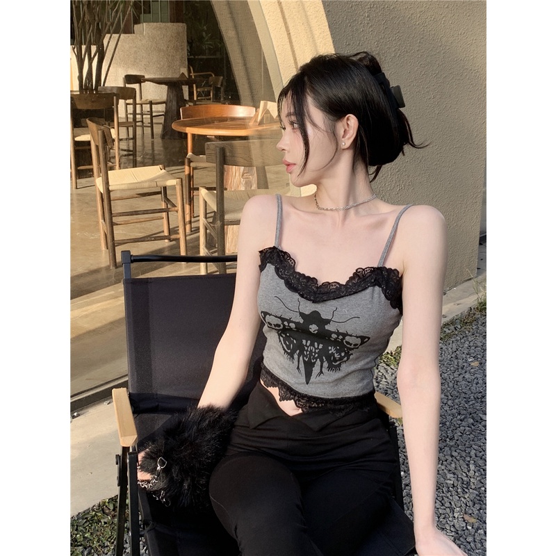 Áo Hai Dây Mỏng Vừa Vặn Ghép Mảnh In Họa Tiết Moth Độc Đáo Cho Nữ