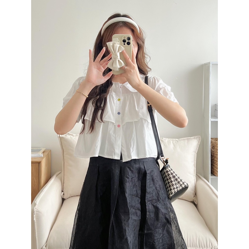 Áo Sơ Mi cổ tầng bèo cúc hình hoa, Áo sơ mi trắng dáng croptop đi học đi chơi