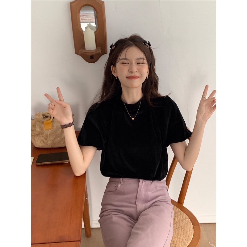 Xiaozhainv Áo Nhung Cổ Cao Tay Phồng Thời Trang Retro Hàn Quốc Cho Nữ