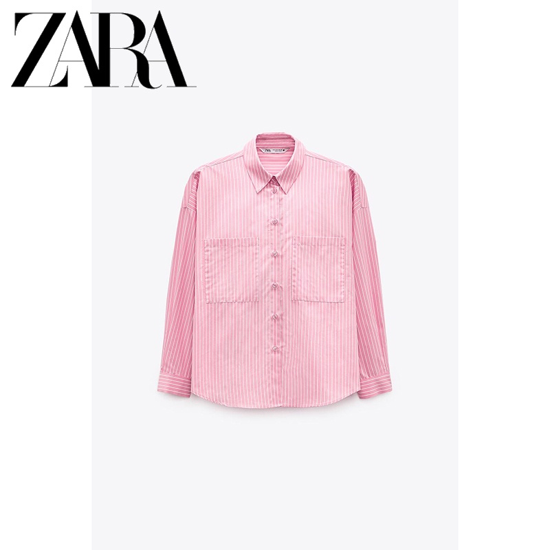 Zara Áo Sơ Mi Dài Tay Dáng Rộng Hoa Văn Kẻ Sọc Thời Trang Dành Cho Nữ