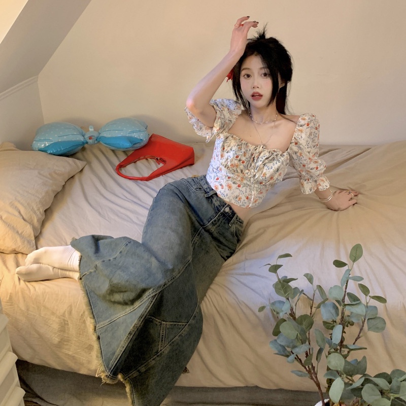 IELGY     Áo Kiểu Tay Phồng Cổ Vuông In Họa Tiết Hoa Phong Cách Pháp Thời Trang Cho Nữ