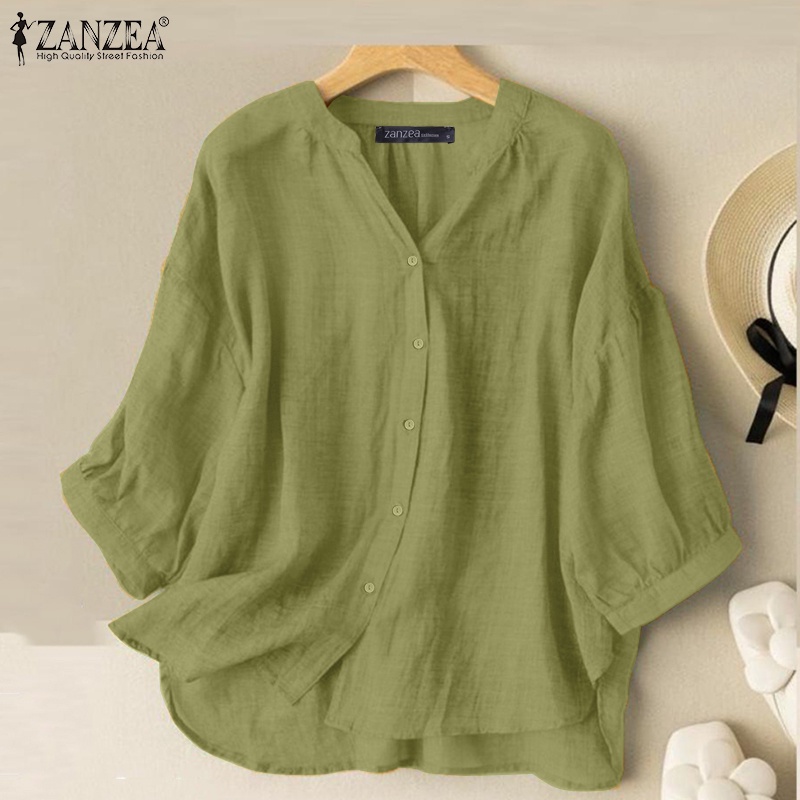 Áo sơ mi ZANZEA tay lửng cổ chữ V dễ phối đồ thời trang Hàn Quốc cho nữ