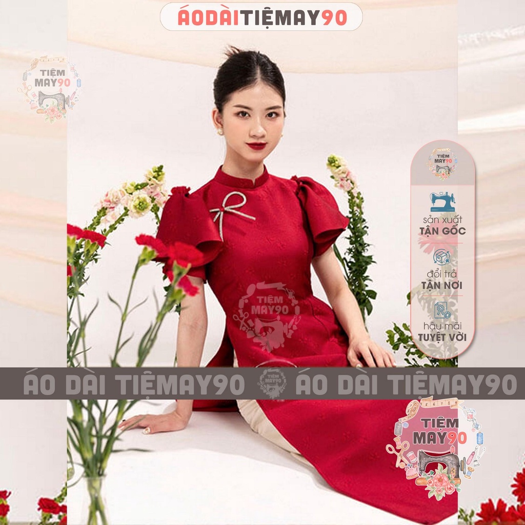 Áo dài cách tân nữ tay vai bồng tiên nơ đá Tiệm 90 may sẵn vải gấm đỏ trắng kem dự tiệc cưới hỏi lễ tết đẹp AD90152
