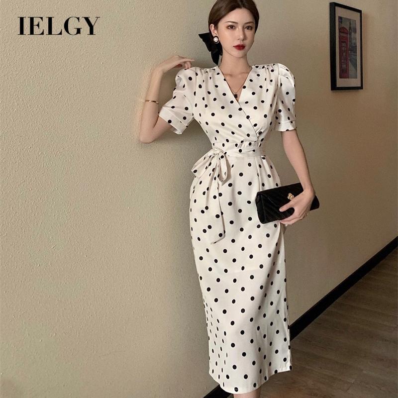 IELGY  Đầm Tay Phồng Họa Tiết Chấm Bi Cột Dây Phong Cách Pháp Thanh Lịch Cho Nữ