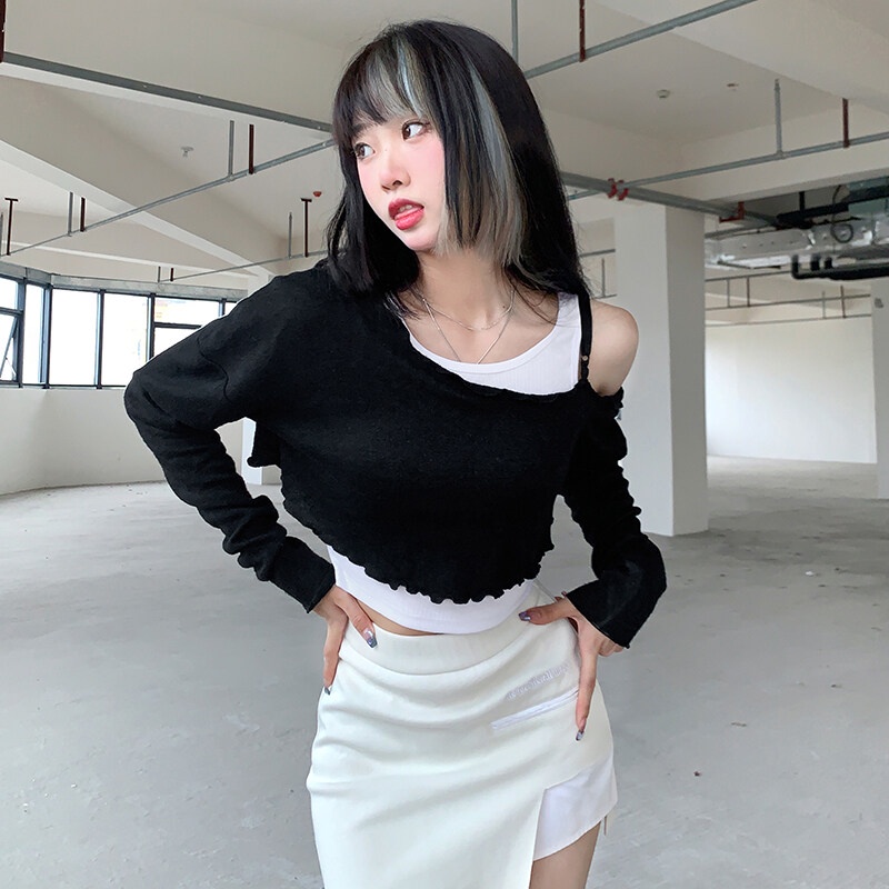 Kliou 2023 Mới Set Áo Thun Cotton Trắng Đen Tay Dài Dáng Rộng Quyến Rũ Dễ Phối Đồ Thời Trang 2023