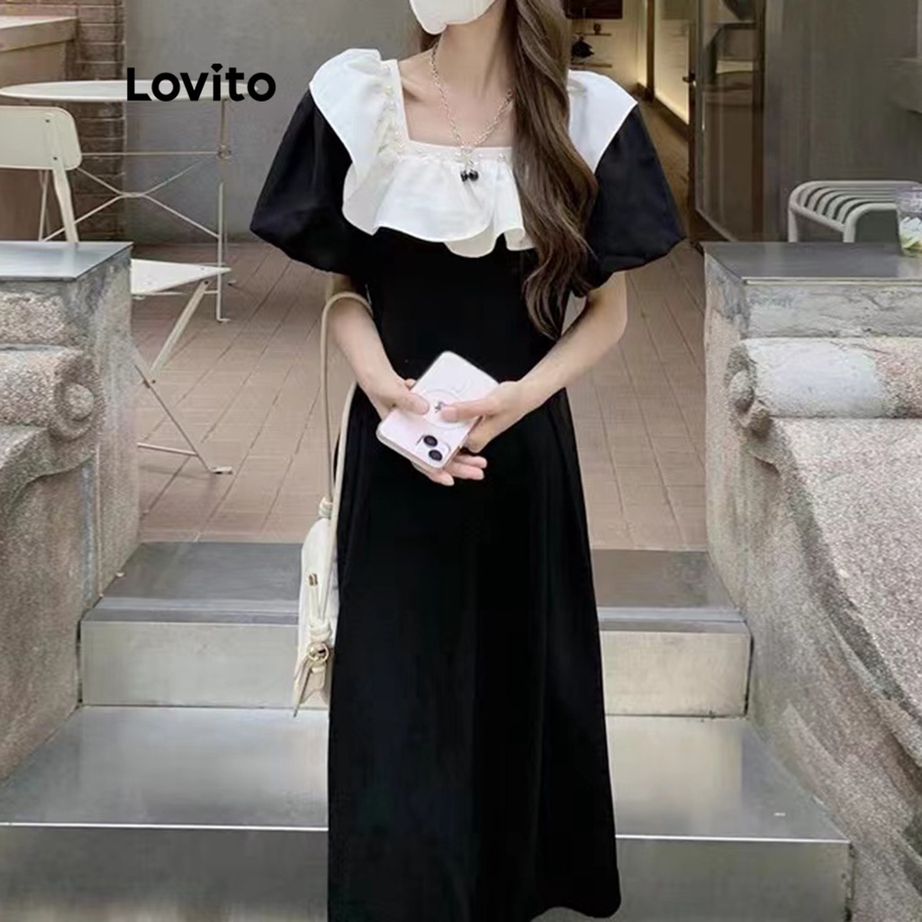 Đầm Lovito maxi dáng chữ A cổ tương phản màu trơn thanh lịch dành cho nữ LNE04144 (màu đen)
