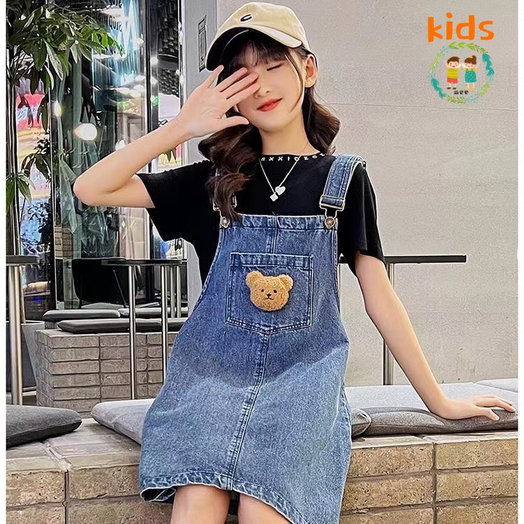 Set Áo Thun Tay Ngắn + Váy Yếm Denim Thời Trang Mùa Hè Mới Cho Bé Gái 3-5 - 8-10 - 12-13 Tuổi