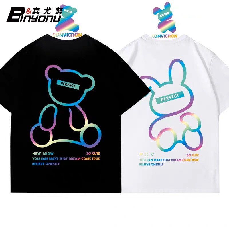 Áo đôi Thun hè Nam nữ phản quang 7 màu in Gấu và Thỏ (2 chiếc), Áo thun Unisex From rộng, chất đẹp mặc không xù - MODY