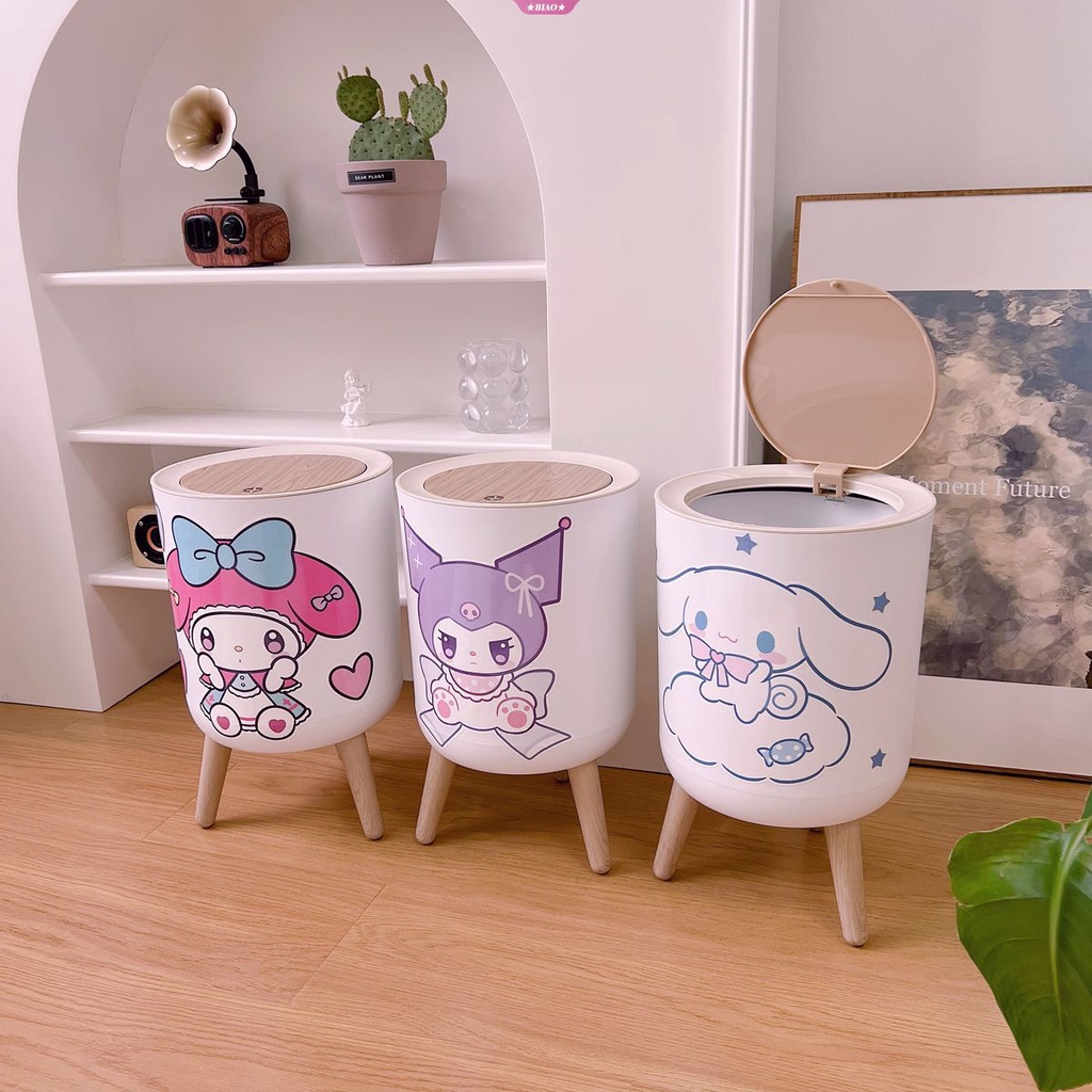 SANRIO Thùng Rác Nắp Lật Hình Tròn In Hình Cinnamoroll Kuromi My Melody Dễ Thương
