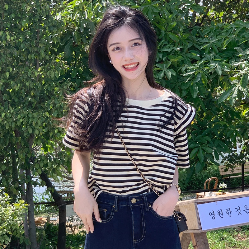 Áo thun SUXI tay ngắn cổ tròn dáng rộng họa tiết kẻ sọc thời trang cổ điển dễ phối đồ cho nữ