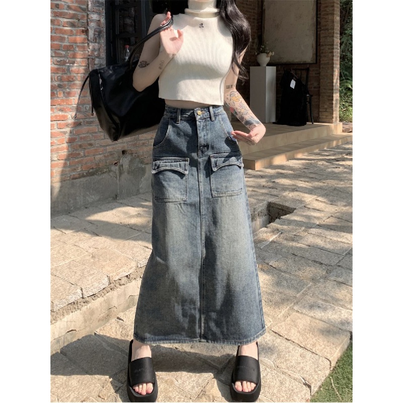 IMAODOU Chân váy denim  dài lưng cao dáng rộng màu xanh dương thời trang xuân hè cho nữ