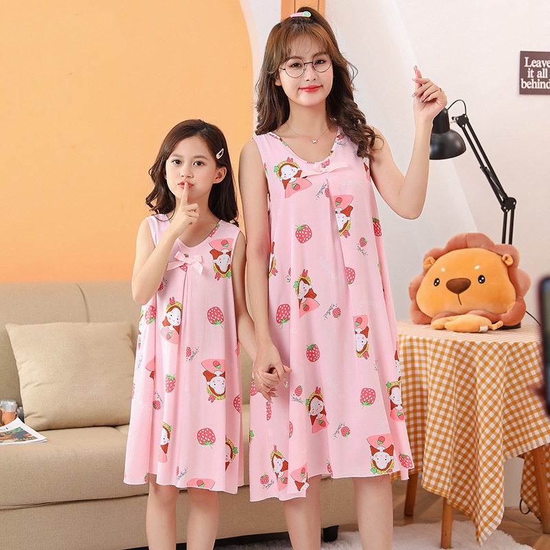 Đầm Ngủ Cotton Lụa Mỏng Không Tay Đính Nơ Dễ Thương Thời Trang Mùa Hè Dành Cho Mẹ Và Bé Gái Kích Thước 100-Xl