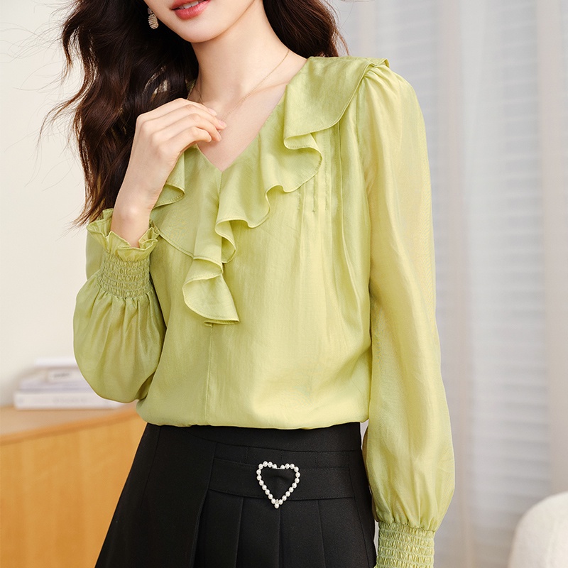 Áo Sơ Mi Chiffon Tay Phồng Cổ Lá Sen Thiết Kế Đơn Giản Thời Trang Mùa Xuân 2023 Dành Cho Nữ