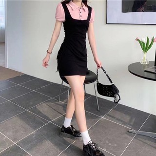 SINRANSINYA Đầm Đen Giả Hai Lớp Cổ Polo Dáng Ôm Thời Trang