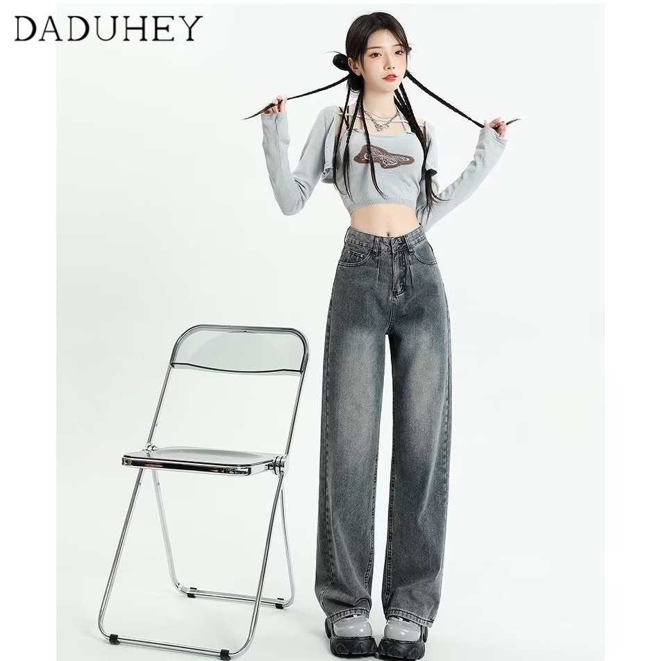 DaDuHey New Korean Version of Ulzzang Washed Gray Jeans WOMEN'S High Waist Wide Leg Pants Large Size Trousers