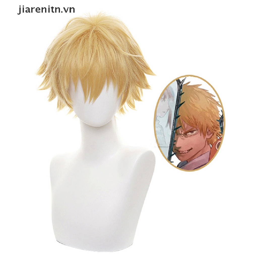 Jiarenitn Chain Man Denji Cosplay Costume Wig Mens Anime Halloween Golden Short Hair vn