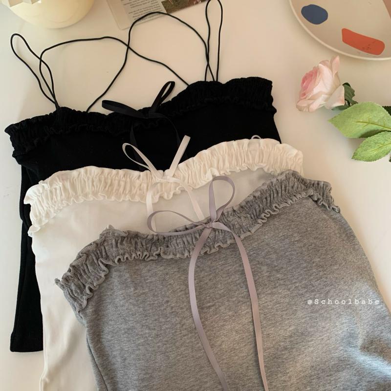 【JMWOMEN】Áo Hai Dây Ngắn Mỏng Ôm Dáng Phối Ren Có Đệm Ngực / Màu Tinh Khiết Ngọt Ngào Mùa Hè Cho Nữ