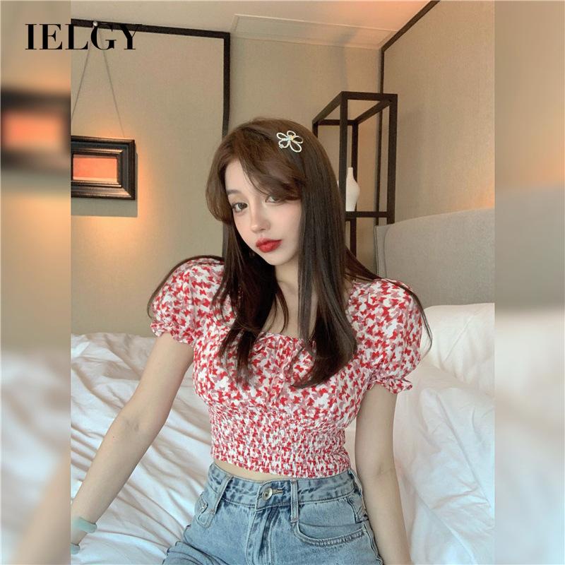 IELGY     Áo Thun Tay Phồng In Họa Tiết Bươm Bướm Dễ Thương Phong Cách Pháp Thời Trang Cho Nữ