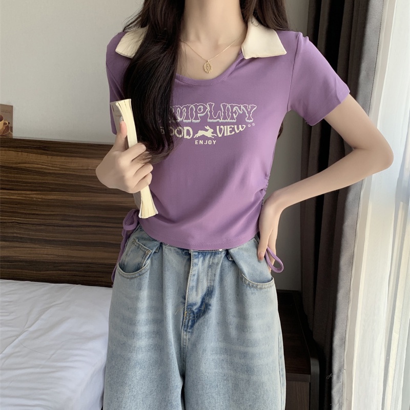 COZOK Áo Thun Ngắn Tay Dáng Ôm Phối Dây Rút In Chữ Cá Tính