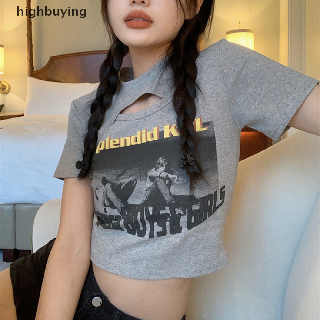 Áo Thun Lửng Ngắn Tay Cổ Tròn In Họa Tiết Vintage Cho Nữ