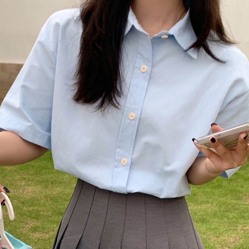 IELGY  Áo Sơ Mi Tay Ngắn Màu Trơn Thời Trang Cao Cấp Cho Nữ