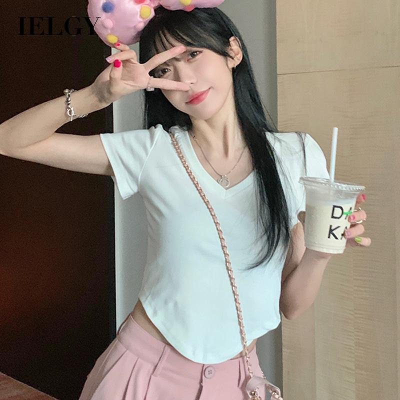 IELGY  Áo Thun Tay Ngắn Cổ Chữ v Phía Trước Phong Cách Mỹ Cho Nữ