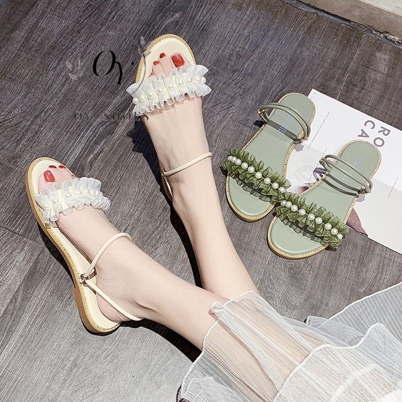 Dép Sandal Hở Mũi Đế Bằng Chống Trượt Đính Ngọc Trai Thời Trang Mùa Hè Phong Cách Hàn Quốc Mới Dành Cho