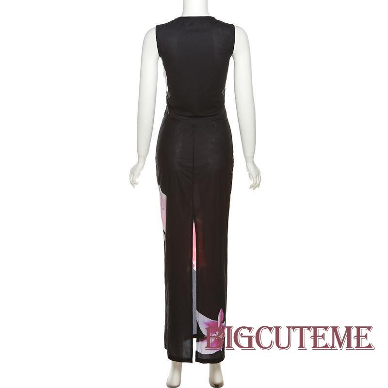 Bộ Trang Phục 2 Mảnh Gồm Áo Không Tay In Hoa Xuyên Thấu + Chân Váy Dài Màu Đen Thời Trang Cho Nữ