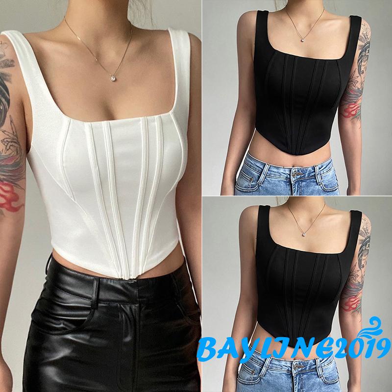 Áo Lửng Không Tay Cổ Vuông Màu Sắc Đơn Giản Cho Nữ