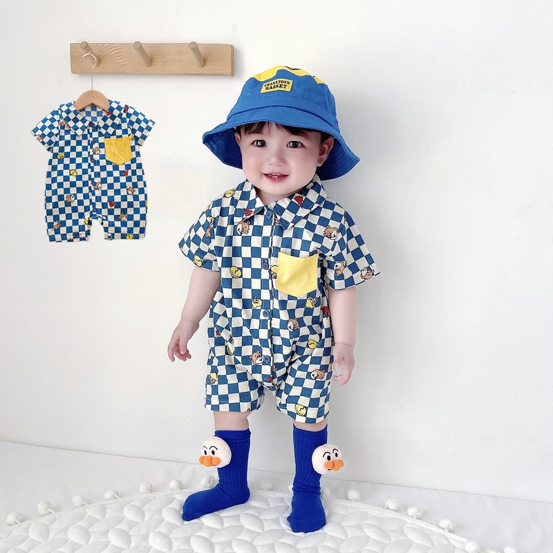 Áo Liền Quần Cotton Ngắn Tay Họa Tiết Caro Mùa Hè Phong Cách Hàn Quốc Mới Cho Bé Trai Gái 0-24 Tháng Tuổi