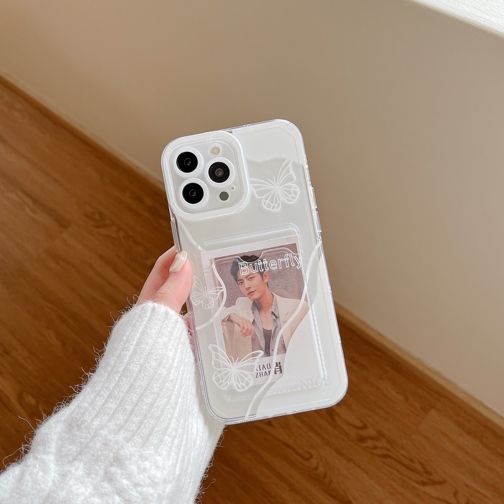Ốp Điện Thoại Tpu Mềm Trong Suốt Có Ngăn Đựng Thẻ In Hình Bướm Cho iPhone 14 13 12 11 Pro XS Max 7 8 Plus