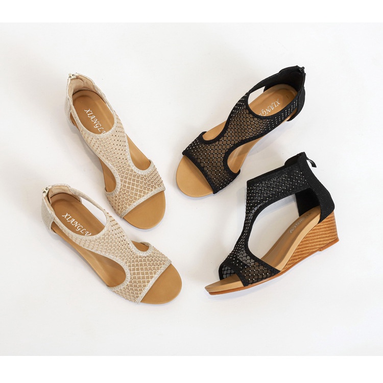 Giày Sandal Đế Xuồng Dày Dặn Phối Lưới Thoải Mái Thời Trang Mùa Hè Cho Nữ 1418-675