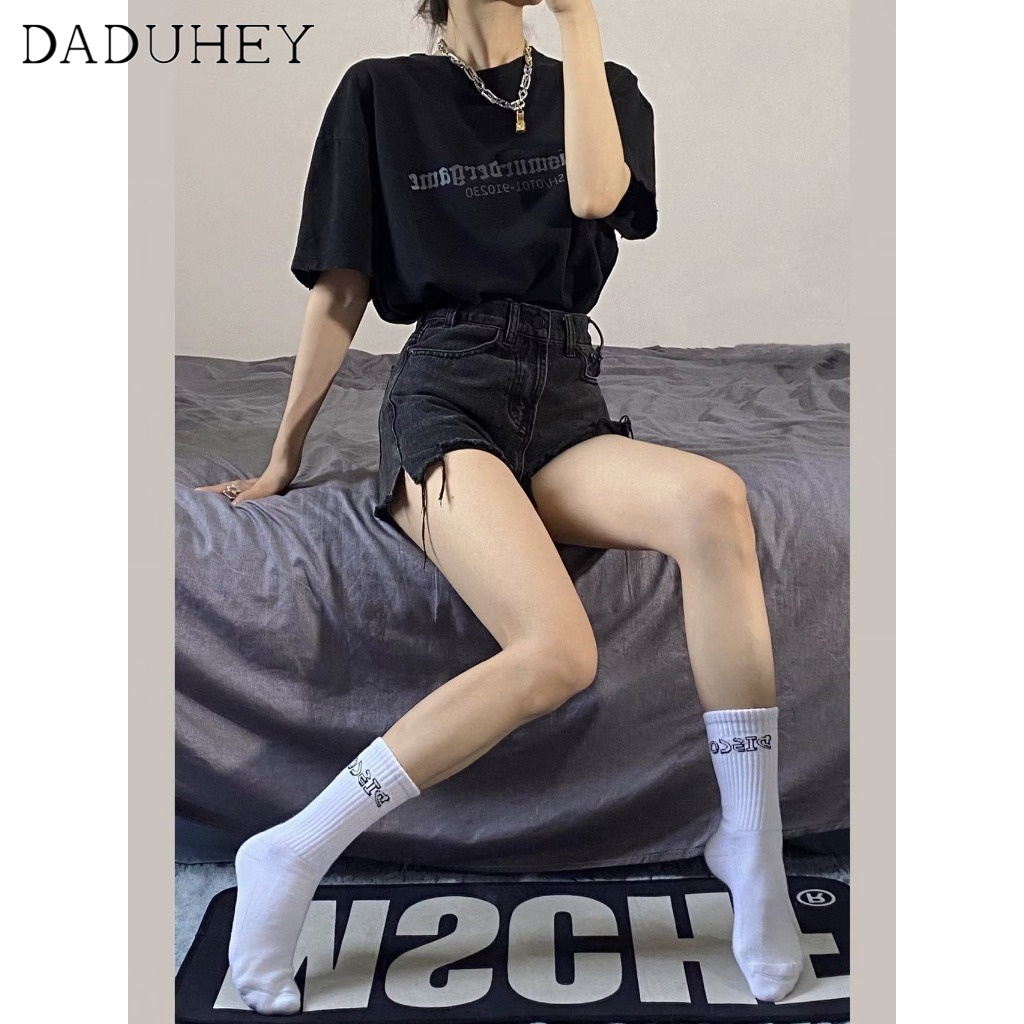 Quần short denim DaDuHey dáng chữ A viền thô phong cách Hàn Quốc INS cao cấp