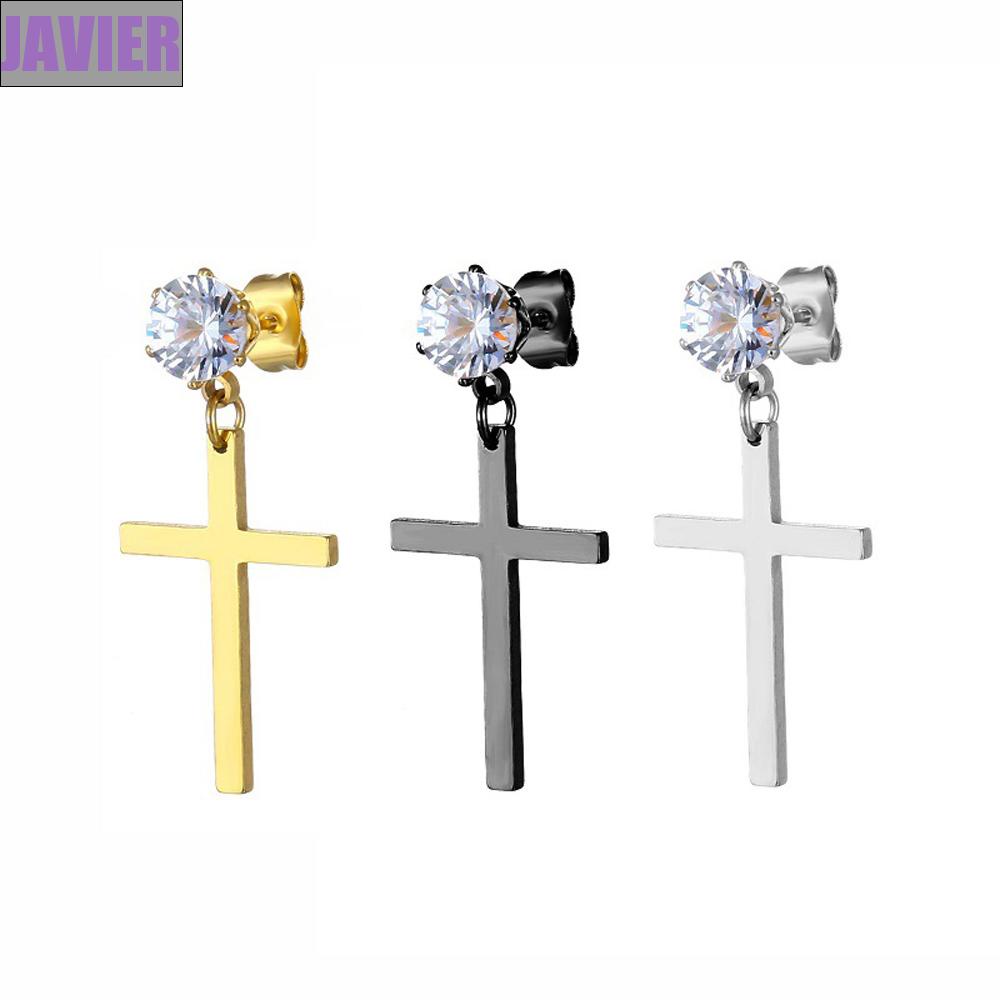 Khuyên tai bằng thép không gỉ hình thánh giá đính đá zircon phong cách Hàn Quốc cho nam nữ