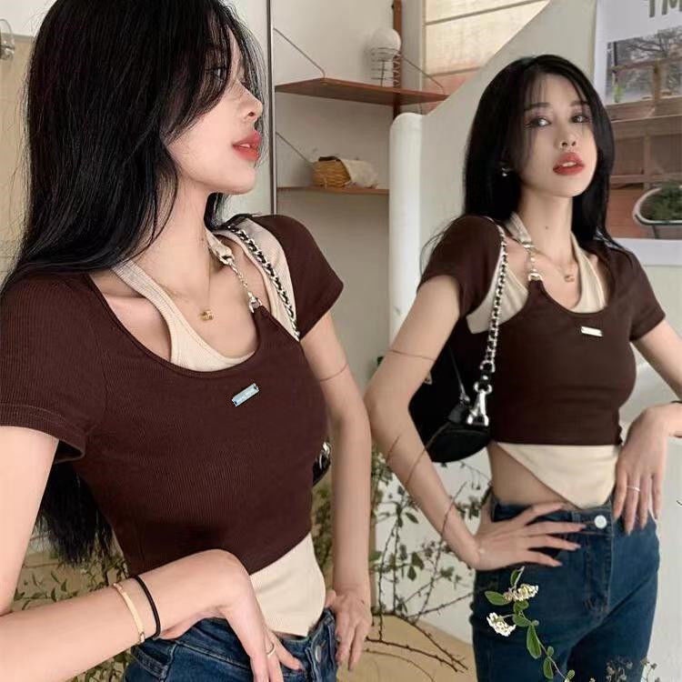 Áo Croptop Tay Ngắn Thiết Kế Lệch Tà Thời Trang Hè Cá Tính Cho Nữ