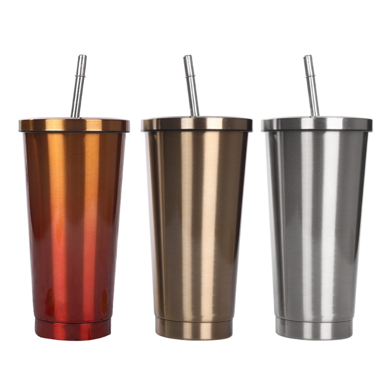 Cốc Uống Nước Bằng Thép Không Gỉ Có Nắp Và Ống Hút Tiện Dụng