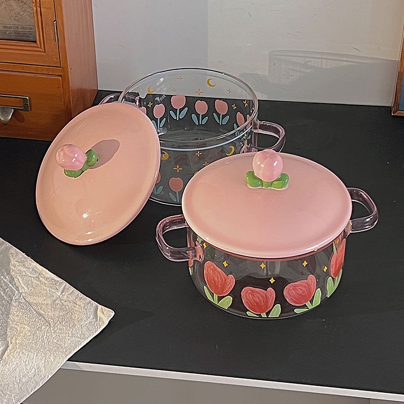 Tô Ăn Mì Ăn Liền Bằng Thủy Tinh Dung Tích Lớn Có Nắp Đậy Hai Tai Dành Cho Học Sinh / Văn Phòng