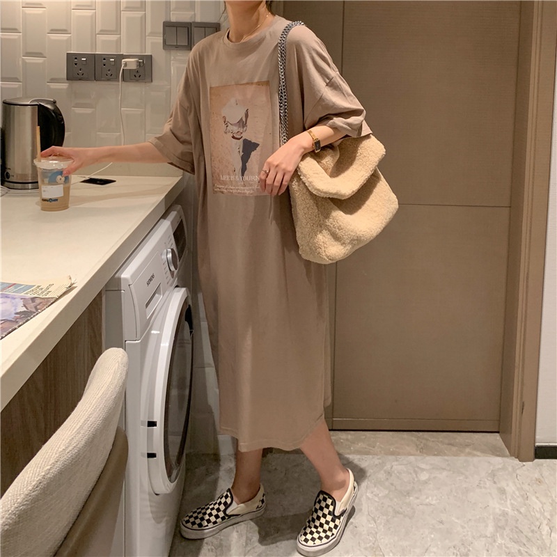 IELGY   Đầm Dáng Rộng Xẻ Tà plus size Phong Cách Hàn Quốc Thời Trang Cho Nữ