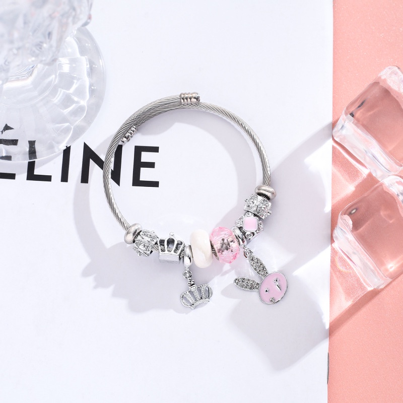 XiaoboACC Vòng Tay Hở DIY Bằng Thép Không Gỉ Hình Thỏ Không Phai Màu Có Thể Đ