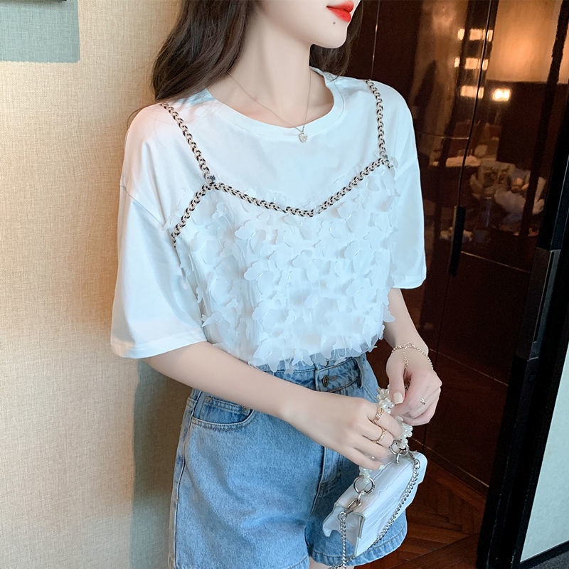 Áo Thun Cotton Giả Hai Mảnh Tay Ngắn Màu Trắng Phong Cách Mới Mùa Hè 2023