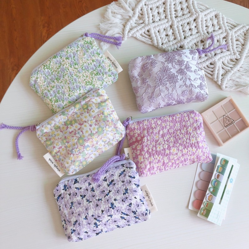 Túi Đựng Mỹ Phẩm / Tiền Xu / Son Môi Bằng Vải Cotton Họa Tiết Hoa Tím Nhạt Dễ