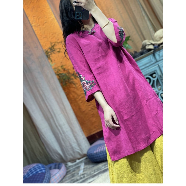 Đầm Sườn Xám Cách Tân Vải Lanh Cotton Thêu Họa Tiết Phong Cách Trung Hoa Cổ Điển Thời Trang Cho Nữ