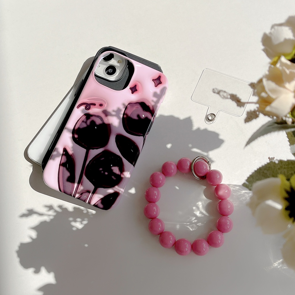 Ốp Điện Thoại TPU Dẻo Họa Tiết Hoa Tulip Đen Kèm Dây Đeo Ngọc Trai Chống Rơi Cho iPhone 14 13 12 11 Pro Max