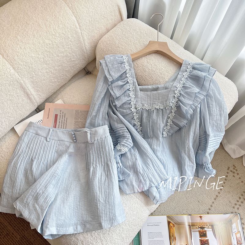 Set Áo Sơ Mi Chiffon Phối Bèo Và Quần Ống Rộng Màu Xanh Dương Thời Trang Mùa Hè Hàng Mới 2022 Dành Cho Bạn Nữ